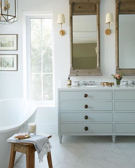 Blanc Marine Living on Instagram: “Can’t get bored of this breezy yet classic bathroom we did 2 years ago already... this is exactly what we call « timeless design » 🕰…” Small French Country Bathroom, French Country Cottage Bathroom, Light Blue Vanity, Aesthetic Small Bathroom, Country Cottage Bathroom, Decorate A Bathroom, Modern Traditional Bathroom, Modern Bathroom Decor Ideas, French Country Bathroom