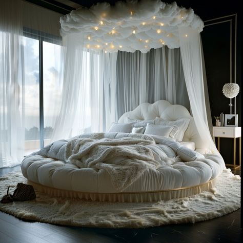 Dreamy Slumbers: Beds Designed to Float Amongst the Clouds Circle Beds Aesthetic, Circular Bed, Circle Bed, Bedroom Things, Dreamy Bed, Round Bed, Cozy Fall Bedroom, Fantasy Rooms, Beach Bedding