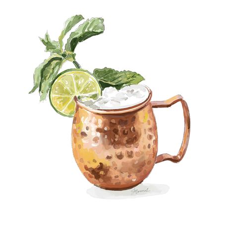 Original digital watercolor painting of a Moscow Mule with mint and lime drawn by Kaitlin Messich. Use for wedding stationery, happy hour invitations, signature cocktail signs, and more! Watercolor Moscow Mule, Moscow Mule Painting, Moscow Mule Tattoo, Cocktail Moscow Mule, Watercolor Cocktails, Cocktail Signs, Recipe Graphic, Vodka Tonic, Moscow Mule Cocktail