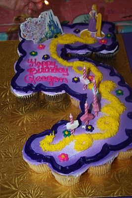 Cute cake idea! but the number 4 for my jc paige Tangled Cupcakes, Rapunzel Cupcakes, Rapunzel Birthday Cake, Rapunzel Cake, Tangled Birthday Party, Rapunzel Birthday Party, Birthday Sweets, Pull Apart Cake, Tangled Birthday