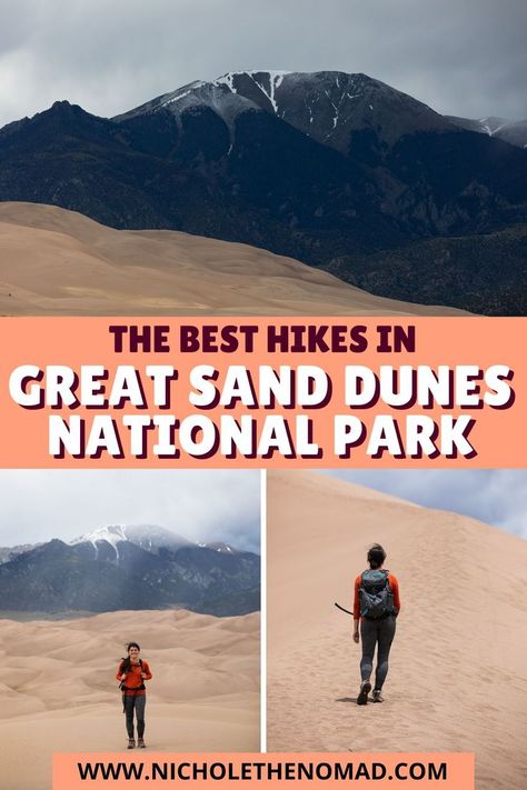 Although you can enjoy beautiful views of the dunes and surrounding mountains from overlooks, hiking is the best way to experience everything Great Sand Dunes National Park offers. And the best part? There are hiking trails for all levels! This guide has everything you need to know about the best hikes in Great Sand Dunes National Park to add to your bucket list! Great Sand Dunes National Park, Great Sand Dunes, United States Photography, Sand Dunes National Park, Hiking Photography, Adventure Guide, Hiking Tips, United States Travel, Best Hikes