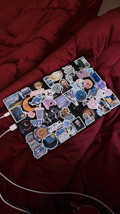 Sticker Covered Laptop, Macbook With Stickers Aesthetic, Stickers On Laptop Aesthetic, Laptop Covered In Stickers, Laptop With Stickers Aesthetic, Laptop With Stickers, Hp Laptop Aesthetic, Decorated Laptop, Stiker Laptop