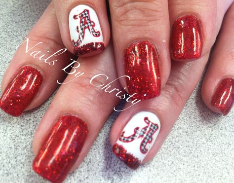 Alabama Roll Tide Nails By Christy @ Mane Tamers Alabama Nails, S Nails, Alabama Roll Tide, Hot Nails, University Of Alabama, Roll Tide, Types Of Nails, Nails Ideas, Nail Design