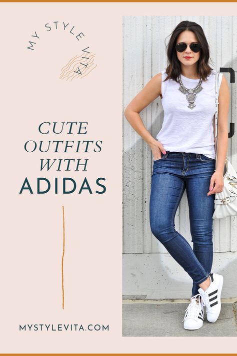 Tourist Sneaker Outfit, White Runners Outfit Casual, How To Style Adidas Grand Court Sneakers, Black And White Adidas Outfits, Adidas Court Shoes Outfit Women, White Addis Shoes Outfit Women, White Addidas Outfits, Casual Date Night Outfit Tennis Shoes, Outfits With Addis Sneakers