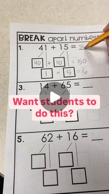 Kaylee Bisby | 2nd Grade on Instagram: "Here’s what they need to know 👇

They need to know the mental math patterns that are involved in the break apart addition strategy.

When students find patterns in the certain equations I showed in the video, that’s when it turns into a mental math skill.

Students can:
• break apart a number into its expanded form. 41=40+1
• add a tens number to another tens number. 50+30=80
• add a tens number to a single digit number. 30+6=36
• add a tens number to a teen number. 60+13=73

Before I teach any new strategy, I am always thinking about what patterns and mental math skills are involved with it.

I like to pre-teach these skills and patterns for a couple days before our lesson as our routine math warm-up.

That way when I go to teach the strategy, stud Addition Strategies, Expanded Form, Math Patterns, Teen Numbers, Math Addition, Mental Math, A Teen, 2nd Grade Math, Math Skills