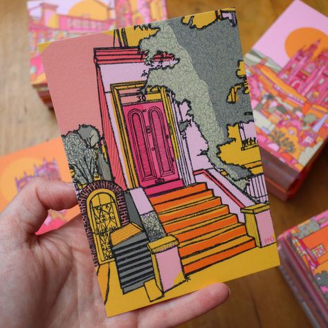 A vibrant luxury postcard of Kensington illustrated in bright pink, green, orange, and yellow. This hand-drawn artwork of Kensington would make the perfect accompaniment to a birthday gift or frame it for a little pop of colour on your walls. Product Details: Postcard- 105mm x 148mm - A6  Printed on 280gsm Nettuno paper Colourful Drawing, Postcards Inspiration, Diy Postcard, Adobe Illustrator Design, Illustrated Gift, Postcard Art, Paint Marker, Orange And Yellow, Drawing Challenge