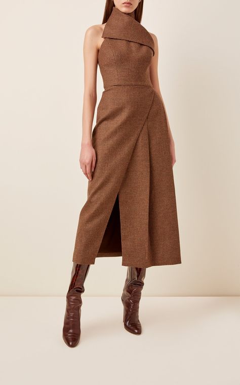 Moda Operandi 2024, Fall Dresses 2024, Moda Operandi Dress, Boots And Dress, Midi Halter Dress, Brandon Maxwell, Wool Clothing, Halter Midi Dress, Plaid Fashion