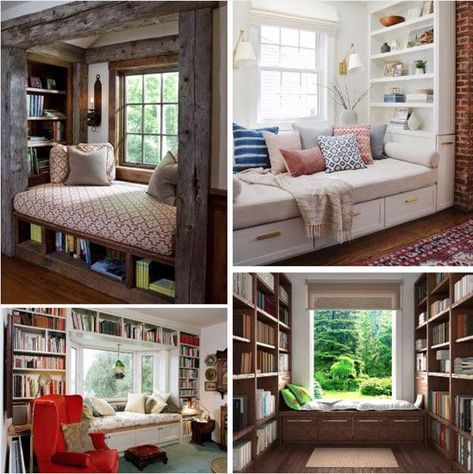 Coin lecture cocooning et confortable : 5 idées pour l’aménager Coin Banquette, Bow Window, Cosy Corner, Dream Living, Built In Shelves, Home Library, Window Seat, Banquette, Dream Bedroom