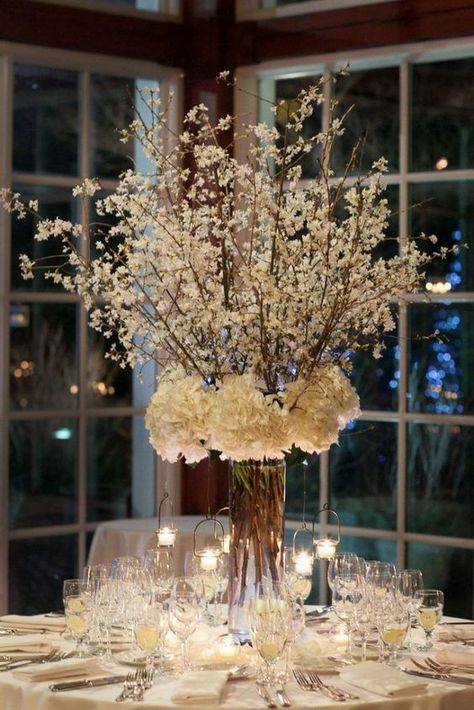 stunning tall flower tree winter wonderland wedding centerpieces Wedding Reception Decorations On A Budget, Budget Centerpieces, Winter Wedding Table, Winter Wedding Centerpieces, Tables Wedding, Centerpieces Ideas, Elegant Wedding Centerpiece, Winter Centerpieces, Wedding Decorations On A Budget