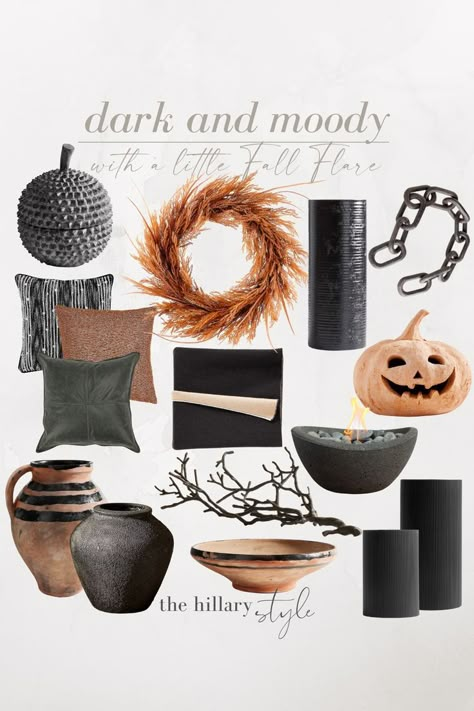 Pottery Barn Fall Decor, Moody Fall Decor, Pottery Barn Fall, Home Texture, Minimalist Fall Decor, Pottery Barn Halloween, Elegant Fall Decor, Moody Home, Pottery Barn Decor