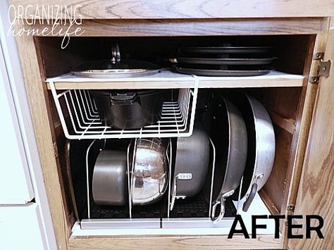 Tips For Organizing Pots and Pans Pots And Pans Organization, Pans Organization, Pots And Pans Storage, Pot Organizer, Bakeware Organization, Pot And Pans Organization, Pan Storage, Pan Organization, Organize Kitchen