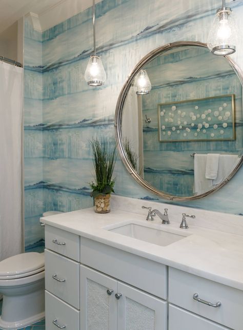 beach house bathroom with turquoise wallpaper Blue Shower Tile, Beach Style Bathroom, Beach House Bathroom, Coastal Wallpaper, Serene Bathroom, Coastal Bathroom, White Shiplap Wall, Turquoise Wallpaper, Beach Theme Bathroom