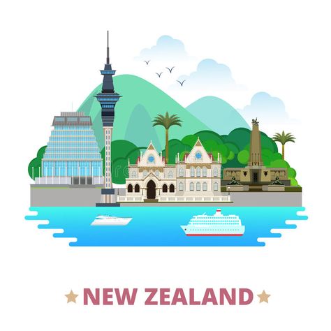 New Zealand Country Design Template Flat Cartoon S Stock Vector - Illustration of interest, australian: 73371054 Cartoon S, New Zealand Country, Sky Tower, Travel Drawing, New Zealand Travel, Country Design, World Travel, Cartoon Style, Bee Hive