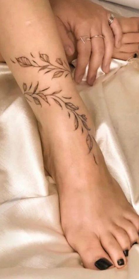 Vine Wrap Around Ankle Tattoo, Foot Wrap Tattoo, Ankle Vine Tattoos For Women, Vines Tattoo Leg, Flower Ankle Tattoo Wrap Around, Floral Ankle Tattoo Wraps, Tattoo Feet Women, Feet Tatoos Woman, Vine Tattoo Leg