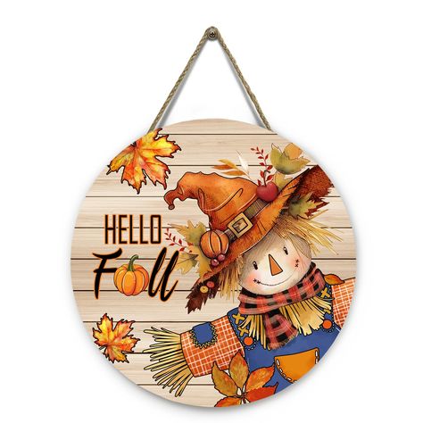 PRICES MAY VARY. Unique Design: Patterned with fall patterns, our wood autumn door sign printed with cute scarecrow, delicate and designed. With a hemp rope for hanging, very easy to install. Perfect Size: The round fall scarecrow door sign with approx 12 x 12 (30x30cm), which suitable hanging size can be decorated as you like. Please ensure the size of our round wooden door sign can meet your demands before ordering. Quality Material: This orange autumn door sign made of durable wood, safe and Fall Round Door Hangers, Fall Boards Signs, Round Wood Door Hangers, Autumn Welcome Sign, Scarecrow Door Hanger, Autumn Scarecrow, Cute Scarecrow, Wooden Door Sign, Fall Boards