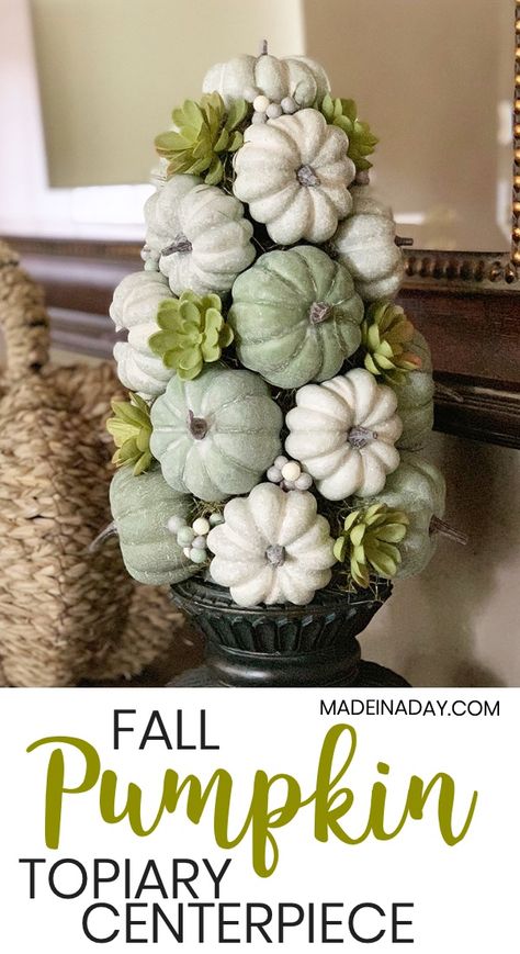 Fall Pumpkin Topiary, Succulent Topiary, Fruit Topiary, Fall Topiaries, Pumpkin Tablescape, Green Pumpkins, Farmhouse Green, Topiary Centerpieces, Topiary Diy