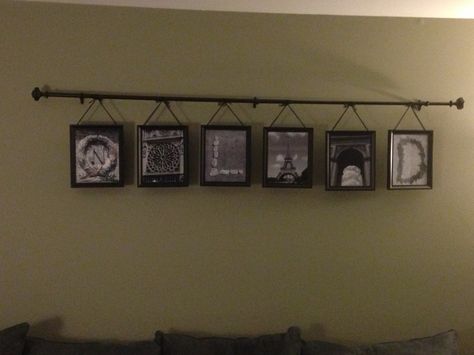 We took pictures throughout our Europe vacation and made our name out of it. We used a curtain rod to hang it up. So happy to finally see it all together! Europe Vacation, Hanging Pictures, Curtain Rod, Curtain Rods, So Happy, See It, Things To Do, Curtains, Living Room