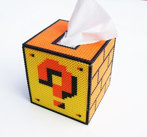 Mario Question Mark Block Tissue Cover Mario Room, Bead Creations, 8bit Art, Kleenex Box, Geek Crafts, Bead Sprite, Melty Beads, Perler Patterns, Fuse Beads