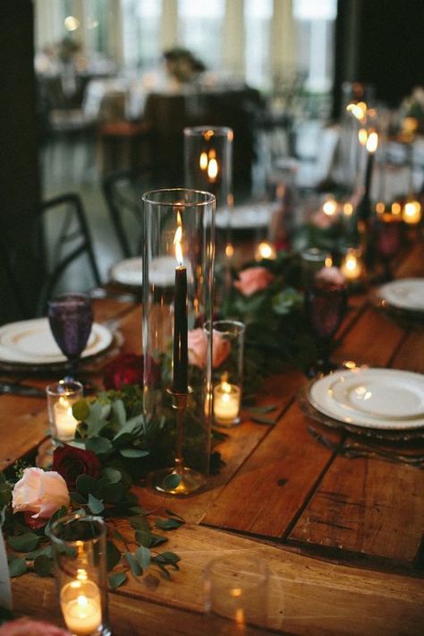 Candles Table Centerpieces, Candles And Garland Centerpiece, Dinner Candles Romantic, Rustic Boho Fall Wedding Table Decor, Romantic Dinner Party Table, Black Taper Candle Centerpiece, Fake Taper Candles, Black Candle Tablescape, Dark Romantic Table Setting