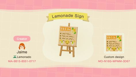 Twitter Acnh Lemonade, Cottage Core Animal Crossing, Animal Crossing Pc, Smoothie Menu, Lemonade Sign, Acnh Cottagecore, Crossing Sign, Animal Crossing Wild World, Qr Codes Animal Crossing