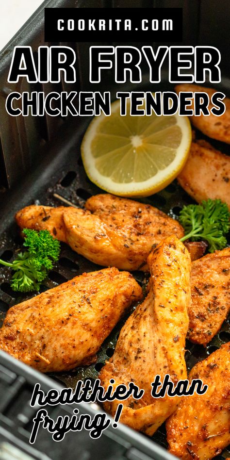 Golden, juicy Chicken Tenders in Air Fryer - quick, easy, and perfect for weeknights! This childhood favorite turned healthy dinner option cooks in just 10 minutes, pleasing both kids and adults alike! Air Fryer Chicken Tenders Healthy, Air Fry Chicken Tenders, Easy Air Fryer Chicken Breast, Chicken Tenders In Air Fryer, Air Fryer Chicken Strips, Chicken Tenders Air Fryer, Juicy Chicken Tenders, Pan Fried Chicken Thighs, Air Fryer Recipes Chicken Tenders