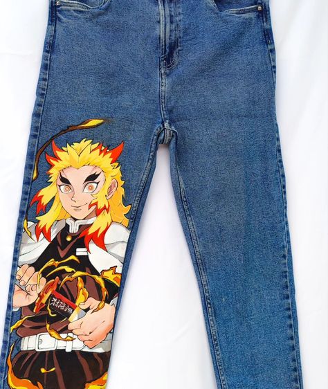 Custom jean 👖 :✨ RENGOKU 🔥 🏷️taille:42" (XL) #demonslayer #denimcustom #jeans👖 #sneaker #rengokukyoujorou #rengoku #demonslayeredit #textileart #textiledesign #original #kimetsunoyaiba #jacket #denimjacket #customjeansjacket #rengokufanart #demonslayerkimetsunoyaiba #ufotable #manga #anime #sneakercustomizer #acrylicpainting Clothes Painting, Custom Jean, Custom Jeans, Painted Jeans, Tanjiro Kamado, Crows, Textile Art, Textile Design, Manga Anime