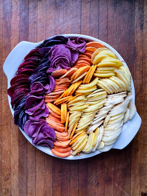 Ombré Root Vegetable Gratin — FEED THE SWIMMERS Root Veggie Gratin, Root Vegetable Au Gratin, Vegan Vegetable Gratin, Ombré Gratin Recipe, Scalloped Root Vegetables, Vegan Vegetable Dishes, Thanksgiving Root Vegetable Recipes, Yule Meals, Root Vegetable Recipes