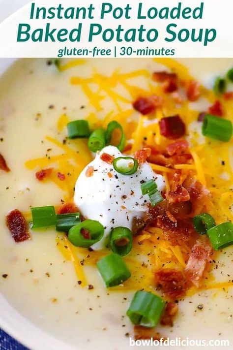 Potato With Sour Cream, Gluten Free Potato Soup, Instant Pot Potato Soup, Gluten Free Soup Recipes Glutenfree, Gluten Free Instant Pot, Loaded Baked Potato Soup, Gluten Free Potatoes, Loaded Baked Potato, Instant Pot Soup Recipes