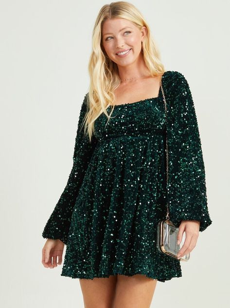 Semi Formal Dress With Sleeves, Short Shimmery Dresses, Semi Formal Sparkly Dress, Banquet Dresses Long Sleeve, Sparkly Babydoll Dress, Long Sleeve Hoco Dress Flowy, Court Warming Dress, Long Sleeve Homecoming Dresses Loose, Plus Size Winter Formal Dresses