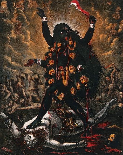 Kali ~ Chromolithograph, Calcutta Art Studio, c1885. Kali Dance, Kali Shiva, Goddess Kali Images, Indian Goddess Kali, Durga Kali, Mother Kali, Kali Ma, Kali Mata, Aadi Shakti