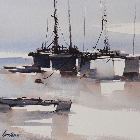 Claudio Bertona Watercolor, Watercolor Boats, Watercolor Boat, Loose Watercolor Paintings, Sailing Art, Oil Painting Inspiration, Minimal Painting, Watercolor Architecture, Watercolor Pictures