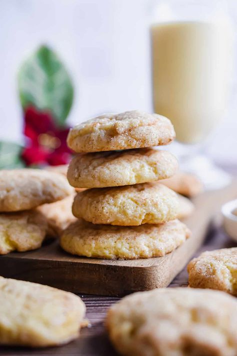 The Best Eggnog Snickerdoodles Easy Holiday Cake Recipes, Christmas Day Desserts, Eggnog Dessert Recipes, Elegant Christmas Dessert, Easy Holiday Cakes, Eggnog Snickerdoodles, Eggnog Desserts, Mini Eggnog Cheesecake, Brown Sugar Cookie Recipe