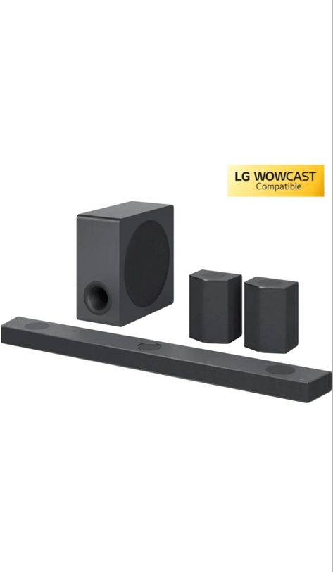 The LG S95QR Soundbar features a sleek and modern design with a matte black finish. The soundbar is slim and compact, making it easy to fit into any home entertainment setup. The wireless sub-woofer and rear speakers add depth and dimension to the audio experience. Home Cinema Speakers, Jbl Soundbar, Sonos Arc Soundbar, 5.1 Surround Sound Setup, Sonos Beam Gen 2, Sonos Speakers, Lg Tvs, Tv Sound, Rear Speakers