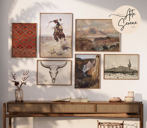 𝐒𝐎𝐔𝐓𝐇𝐖𝐄𝐒𝐓𝐄𝐑𝐍 𝐀𝐑𝐓 𝐒𝐄𝐓  - 𝐃𝐈𝐆𝐈𝐓𝐀𝐋 𝐃𝐎𝐖𝐍𝐋𝐎𝐀𝐃 | Bring some Southwestern flare to your home with this SET OF 6 vintage prints featuring a carefully curated selection of sketches, oil paintings, watercolor prints and a digital capture of an authentic Navajo tapestry  𝐏𝐋𝐄𝐀𝐒𝐄 𝐑𝐄𝐀𝐃 𝐃𝐄𝐓𝐀𝐈𝐋𝐒 𝐁𝐄𝐋𝐎𝐖 𝐅𝐎𝐑 𝐏𝐑𝐈𝐍𝐓𝐈𝐍𝐆 𝐈𝐍𝐒𝐓𝐑𝐔𝐂𝐓𝐈𝐎𝐍𝐒 You will instantly receive a PDF with a link to download 7 JPG FILES (300dpi) of ALL artworks** in the follow Western Prints, Country Wall Art, House Makeover, Southwestern Art, Western Aesthetic, Neutral Prints, Western Decor, Art Print Set, Horse Art