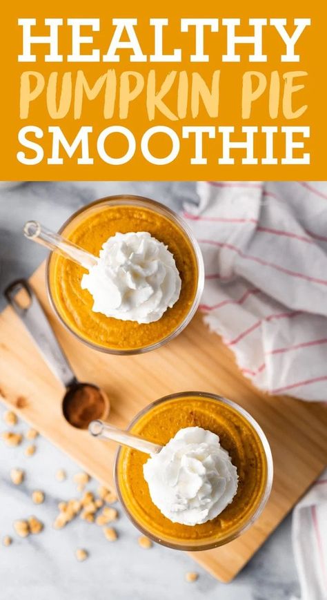 This creamy healthy pumpkin pie smoothie requires only six ingredients (no banana!) and tastes like liquid pumpkin pie. It’s vegan, gluten-free and surprisingly healthy! #smoothie #pumpkin #pumpkinpie #vegan #snack #healthy #breakfast #eatingbirdfood Smoothie Thick, Smoothie Pumpkin, Smoothie No Banana, Healthy Pumpkin Pie, Eating Bird Food, Healthy Pumpkin Pies, Healthy Thanksgiving Recipes, Pumpkin Pie Smoothie, Pumpkin Smoothie