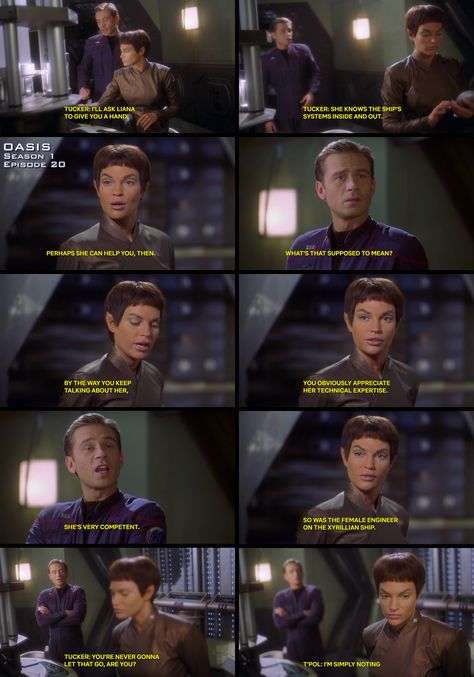 Enterprise - "Oasis" Season 1 Episode 20 | Trip Tucker and T'Pol Star Trek Enterprise T'pol And Trip, Trip And T'pol, Trip Tucker, Connor Trinneer, Star Treck, Star Trek Funny, Star Trek Enterprise, Never Gonna, Season 1