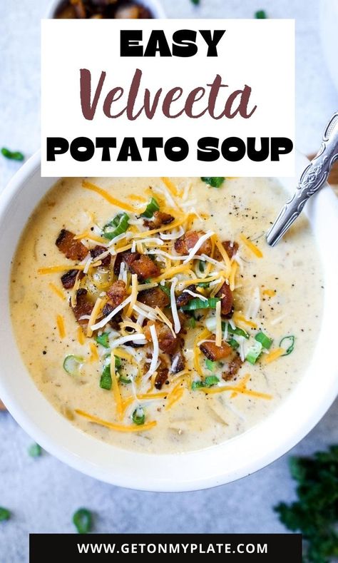 This Cheesy Velveeta Potato Soup is loaded with smokey flavor from bacon and it’s rich and creamy without being super heavy! It’s the ultimate comfort food and a cinch to make. It all comes together in one pot in about 30 minutes! Velveeta Potato Soup, Healthy Stew Recipes, Best Stew Recipe, Potato Soup With Bacon, Soup With Bacon, Potato Bacon Soup, Crockpot Stew, Potato Soup Crock Pot, Fall Soup Recipes