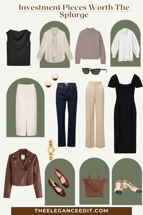 graphic of tops, bottoms, and dresses that are investment pieces worth splurging on. Investment Pieces Wardrobe, Style Staples, Minimalist Capsule Wardrobe, Autumn 2024, Casual Work Outfits, Casual Work, Work Outfits, Elegant Outfit, Work Casual