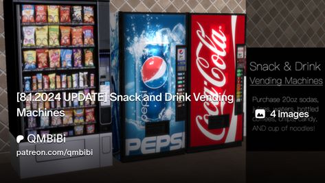 [8.1.2024 UPDATE] Snack and Drink Vending Machines | QMBiBi Sims 4 Cc Functional Vending Machine, Sims 4 Cc Vending Machine, Minute Maid Juice, Vending Machine Snacks, Coke Machine, Snack Machine, Drinks Machine, Minute Maid, Functional Food