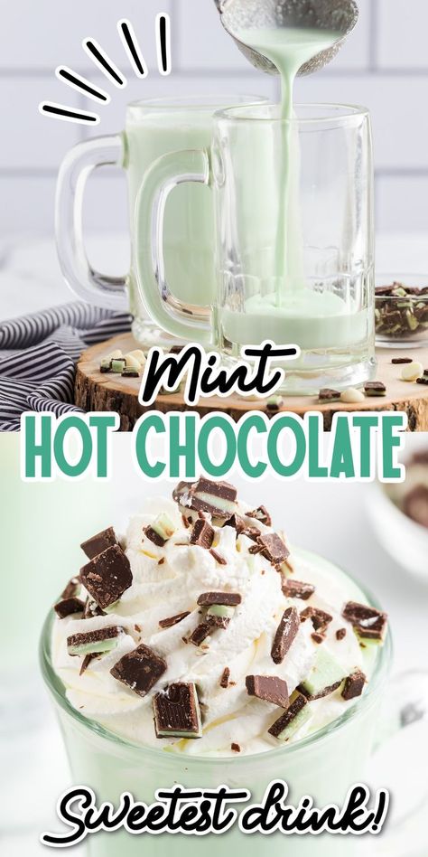 Mint Hot Chocolate Recipe, Mint Hot Chocolate, Creamy Hot Chocolate Recipe, Mint Chocolate Candy, White Hot Chocolate Recipe, Hot Chocolate Ingredients, Hot Chocolate Recipe Homemade, Hot Chocolate Mix Recipe, Fun Drink Recipe