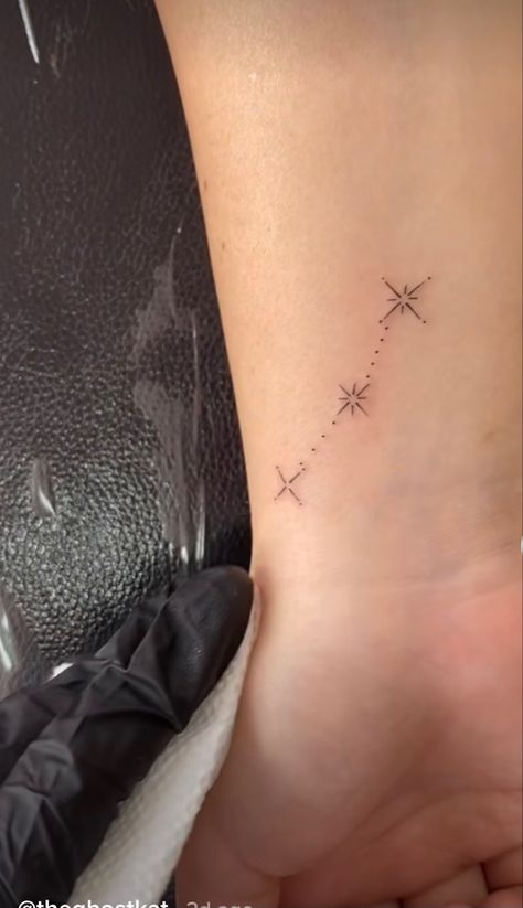 Orion Stars Tattoo, Second Star To The Right Tattoo Simple, 3 Stars Tattoo Wrist, Two Small Stars Tattoo, Three Small Stars Tattoo, Three Stars Tattoo, Dainty Star Tattoo, Orion Tattoo, Ankle Foot Tattoo