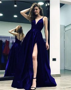 78b9cab19959e4af8ff46156ee460c74desc53208087ri Prom Long Dresses, Dark Blue Prom Dress, Prom Dress Black, Satin Gowns, Dresses Winter, Street Dress, V Neck Prom Dresses, Prom Long, Leg Split