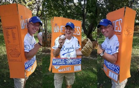 Baseball season has started and I am a big Kansas City Royals fan. Here is my Royals Wheaties Cereal Box that I made and painted. The box is made like a Wheaties cereal box including the Breakfast of Champions. It includes a hole in the front of the box for me to stick my head through it, as if I am the Royals player on the front of the box. I made this for a prior year’s Halloween costume contest and did win some contests. Wheaties Cereal, Box Costumes, The Royals, Halloween Costume Contest, Breakfast Of Champions, Baseball Season, Costume Contest, The Breakfast, Kansas City Royals