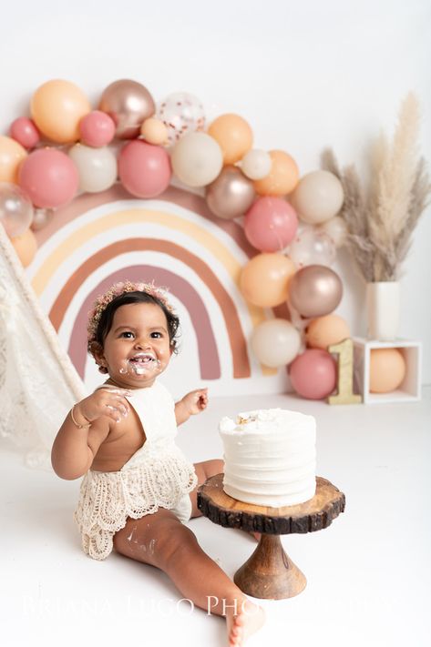 Rainbow Boho Cake Smash, Boho Rainbow 1st Birthday Photoshoot, Rainbow First Birthday Photoshoot, Boho Birthday Photoshoot, Hippie Baby Birthday, Boho First Birthday Photoshoot, Cake Smash Theme, Cake Smash Pictures, Baby Birthday Photoshoot