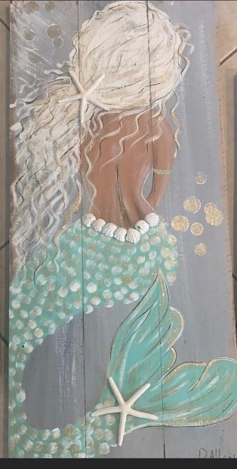 Sea Theme Bedrooms, Mermaids On Wood, Queen Of The Sea, Patio Art, Blue Tail, Nautical Crafts, Colored Pencil Artwork, Mermaid Painting, Mermaid Pictures