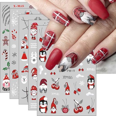 Nail Art Vermelho, Penguin Nails, Xmas Nail Art, Holiday Nails Winter, Christmas Nail Stickers, Snowflake Nail Art, Red Nail Art, Tree Nails, Christmas Nails Easy