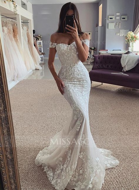 Trumpet/Mermaid Off-The-Shoulder Sleeveless Lace Wedding Dresses Wedding Dresses Mermaid Off The Shoulder, Dress Tight, Trumpet Wedding Dress, Back Wedding Dress, Trumpet Skirt, Lace Wedding Dresses, Lace Mermaid, Lace Mermaid Wedding Dress, Mom Dress