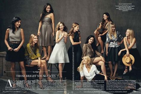 From left: Anaïs Watanabe-Fifer, Paige Kringstein, Katie Schecter, Olivia Sandelman, Quinn Jackson, Caitlin Fraser, Elizabeth Lagno, Ashley Camerini, Stephanie Linka, and Lily Fraser. Styled by Sarajane Hoare. Photograph by . Enlarge this photo. Banana Photoshoot, Photography Poses Group, Large Group Posing, Lightroom Shortcuts, Business Editorial, Poses Group, Norman Jean Roy, Annie Leibovitz Photography, Torrid Fashion