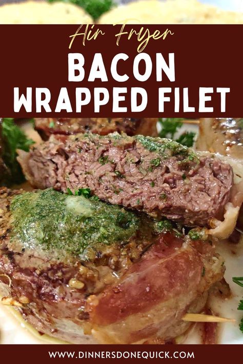 Indulge in the juicy and mouthwatering goodness of my bacon wrapped filet cooked to perfection in the air fryer! This easy-to-follow recipe will have you savoring every bite. #DinnersDoneQuick #BaconWrappedFiletMignon #HowtoCookBaconWrappedFilet #BaconWrappedFilet #HowtoCookBaconWrappedFiletMignon #BaconWrappedFiletinAirFryer #BaconWrappedFiletMignonRecipes #CookingBaconWrappedFilet #Filet #FiletMignon #HowtoCookFiletMignon #FiletMignonRecipes Bacon Wrapped Sirloin In Air Fryer, Deer Loin Recipes Air Fryer, Bacon Wrapped Filet Mignon Air Fryer, Air Fryer Filet Mignon, Maple Bacon Brussel Sprouts, Bacon Wrapped Tenderloin, Air Fry Bacon, Steak On Stove, Bacon Wrapped Steak