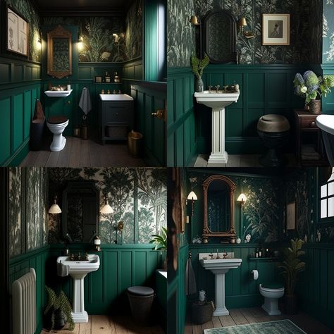 Dark Green Bathroom Vanity, Bathroom Ideas Dark Green, Dark Green Bathroom Decor, Green Bathroom Inspiration, Bathroom Dark Green, Bathroom Paint Colours, Dark Green Bathroom Ideas, Bathroom Decor Dark, Green Bathrooms Inspiration